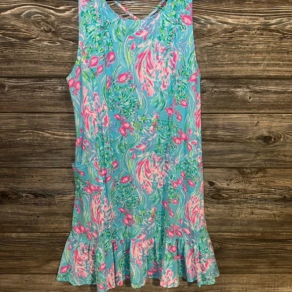 Lilly Pulitzer Kristen Flounce Amalfi Blue Best Fishes Sleeveless Size Large - Picture 2 of 11
